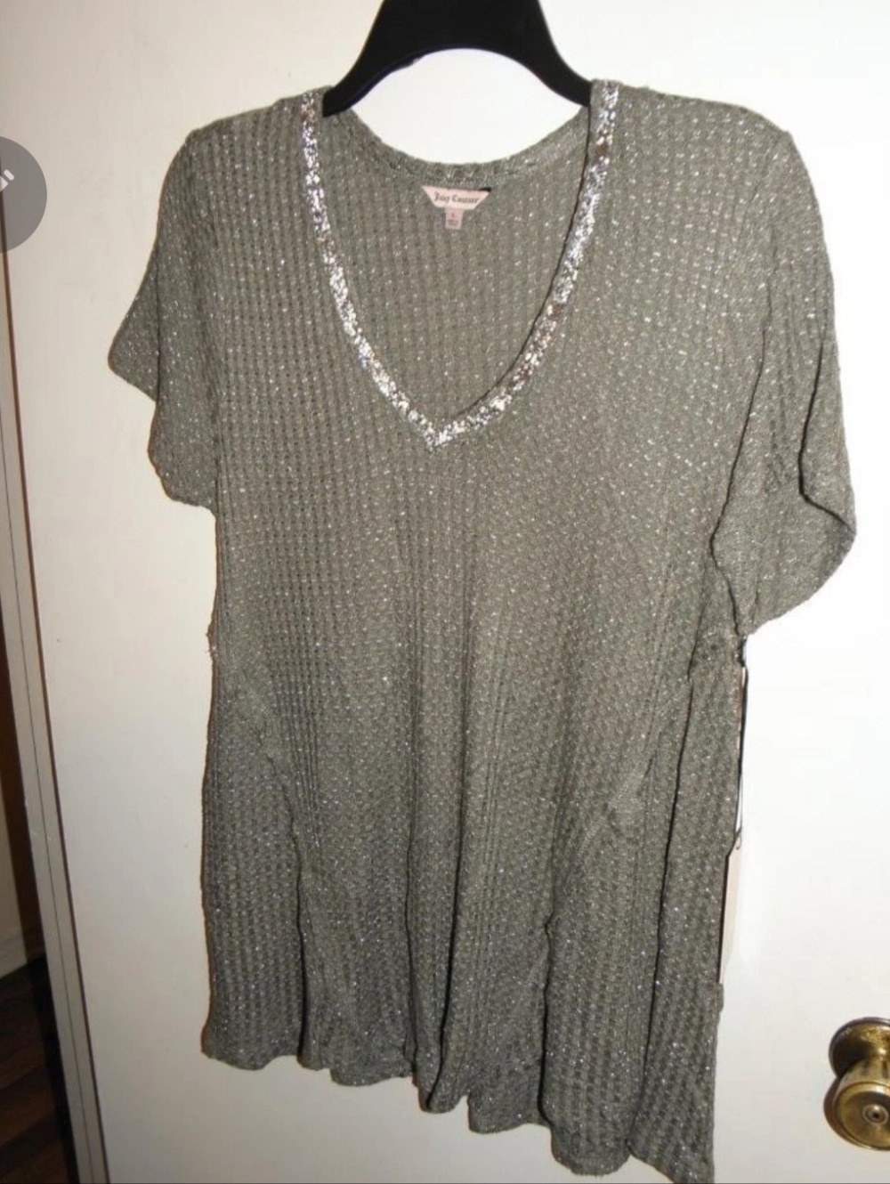 Juicy Couture Womens Olive Green Shirt w Bead & Rhinestone Detail sz L (NEW)